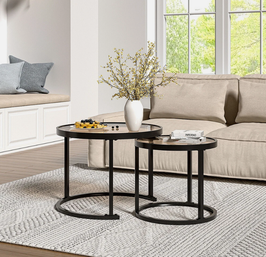 Set Tavolinash Rrethore me Xham dhe Strukturë Metalike