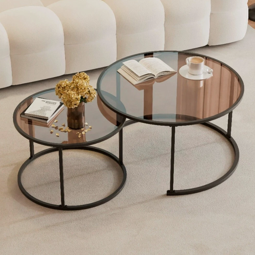 Set Tavolinash Rrethore me Xham dhe Strukturë Metalike